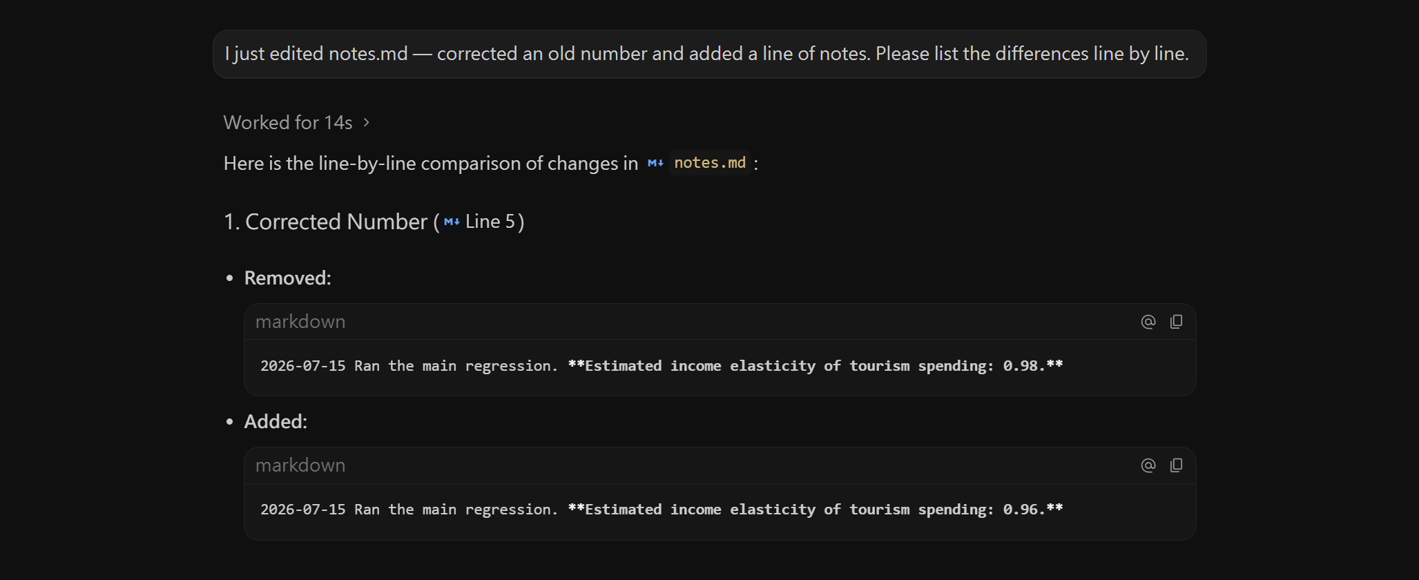 The AI assistant in Antigravity listing the differences in notes.md: the old line marked with a minus, the new line marked with a plus, and a written explanation that 0.98 was corrected to 0.96