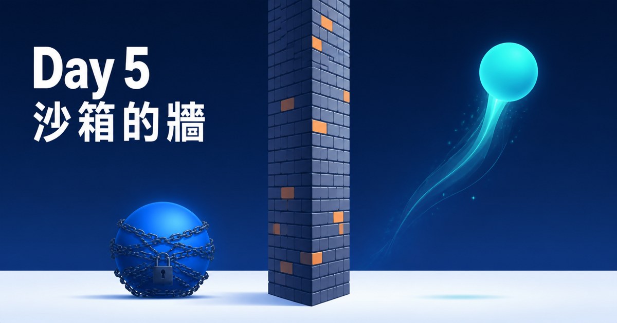 Day 5 封面：牆內被鎖鏈纏住的藍球，牆外自由上飄的青綠球