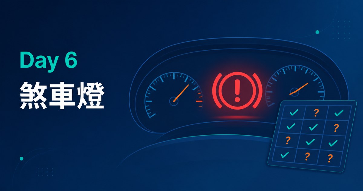 Day 6 封面:儀表板亮起紅色煞車警示燈,旁邊一張打勾與問號的表格